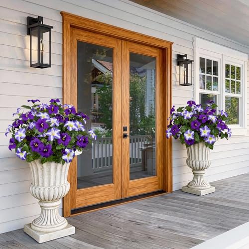 19 Inch Artificial Fake Flowers for Outdoor,4 Pcs Purple Faux Silk Petunias Spring Flowers for Outside for Indoor Porch Planter Front Door Garden Patio Window Box Home Decor - color: Double Purple