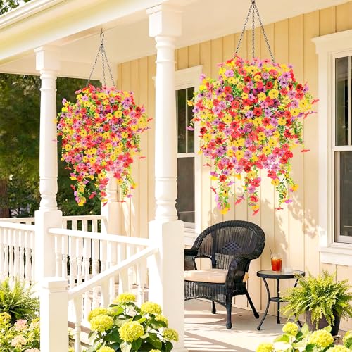 5PCS Artificial Faux Hanging Flowers Plants for Outdoor Decor,Fake Silk Daisy Flowers with Eucalyptus UV Resistant Realistic Vines for Home Porch Patio Balcony Yard Decor (Hot pink Purple Yellow) - color: Hot Pink Purple Yellow