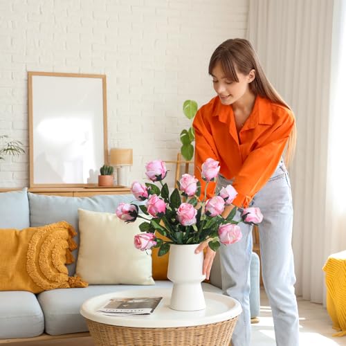 12Pcs Realistic Fake Light Pink Roses Faux Flowers with Long Stems, Artificial Silk Rose Flowers for Valentines Day Home Wedding Decor Bridal Bouquet - color: Light Pink