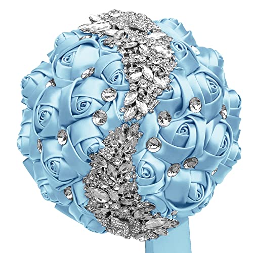 XINNI Handmade Bridal Wedding Bouquet Bride Bridesmaid Satin Rose Flower Bouquet with Meteor Shower Shape Rhinestone Wedding Decoration Light Blue - color: Light Blue