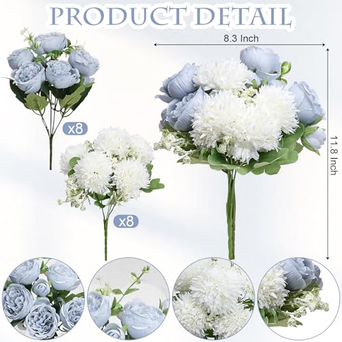 16 Bundles Artificial Flowers Peonies, Dusty Blue Silk Faux Peony Floral Arrangements Fake Peony for DIY Bouquet for Vase Centerpiece Home Wedding Party Centerpiece - color: Dusty Blue & White