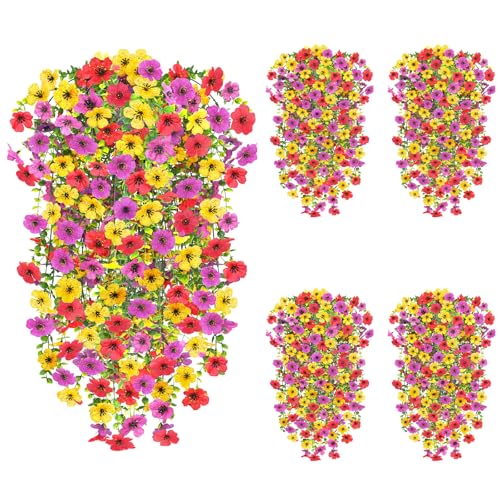Artificial Hanging Flowers 4 Bundles UV Resistant Fake Flowers for Outdoor Decor Realistic Silk Flower Faux Plants for Patio Porch Garden Yard (Mixed Color) - color: 4pcs Mixed Color