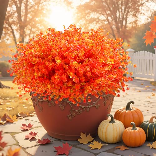 SITUMEIZI Artificial Mums for Outdoor Fall Flowers,Faux Flower Eucalyptus Leaves Fake Plants Greenery Outside Plastic Proch Patio Front Fall Halloween Thanksgiving Decorations(8Pcs,Orange) - color: Orange