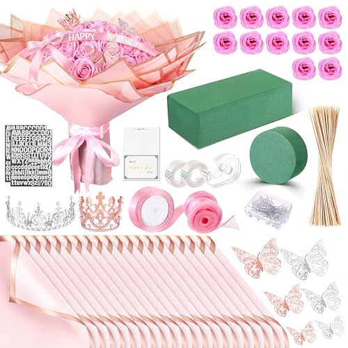 Maysing Money Bouquet Kit 12 Pcs Glitter Roses 20 Sheet Flower Wrapping Paper DIY Flower Bouquet Floral Foam Blocks Sticker for Anniversary Birthday Mother's Day Graduation(Pink+rose Pink) - color: Pink+rose pink