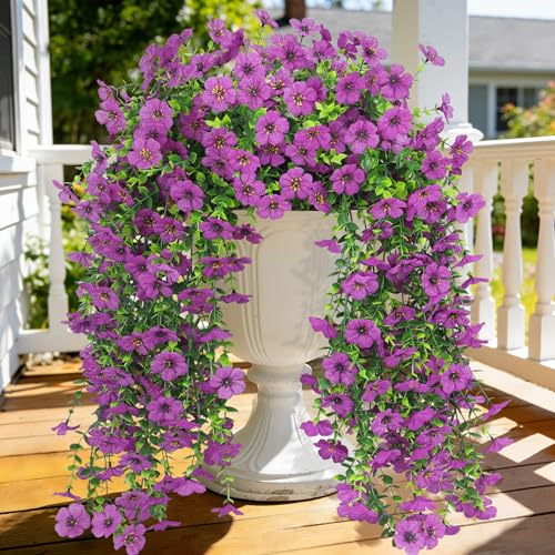 4 Pcs Artificial Hanging Flowers for Outdoor, Fake Silk Daisy Flowers Spring Summer Decoration UV Resistant Faux Plants for Planter Front Door Porch Patio Balcony Yard Decor, Purlple - color: Purlple