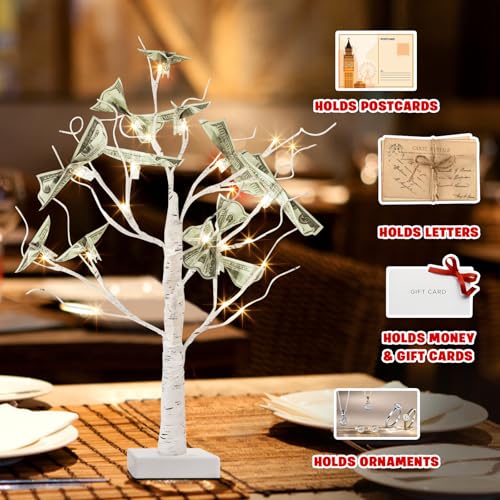 PEIDUO Money Tree, 22 Inch Gift Card Tree Holder with 6 Clips and 6 Greeting Cards, 24 Warm White Birch Tree with Lights, Christmas Tree Card Holder for Birthday Wedding Indoor Xmas Decorations - style: Money tree