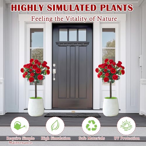 Sunnyglade 35.5" Set of 2 Artificial Camellia Tree, Faux Red Camellia Flowers Plant with Spike Fake Silk Flora Topiary Plants Tree for Indoor, Garden, Yard, Porch, Patio Decoration (Red) - color: Red