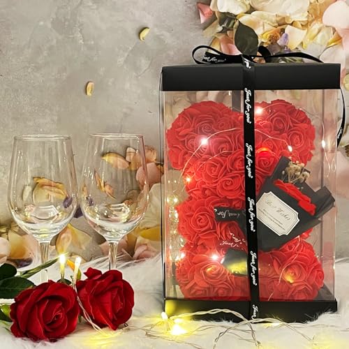 Romantic Valentines Day Gift for Her, Artificial Flowers Bouquet Necklace Rose Teddy Bear with Real Pearl Blind Box Birthday Gift, Valentiness Day Gift for Monther Wife Girl (Red) - color: Red