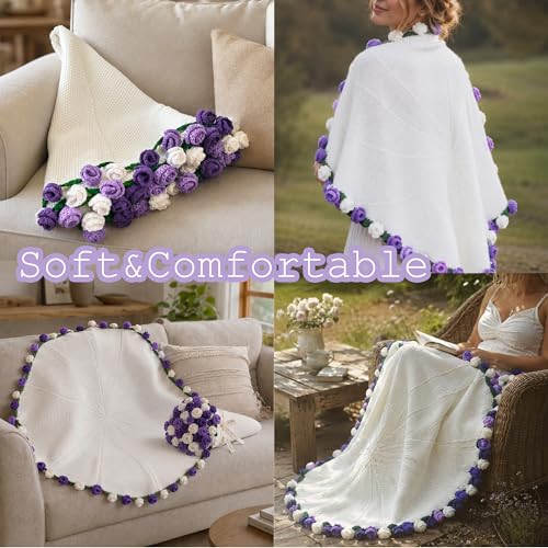 Crochet Flower Bouquet Throw Blanket, Cute Romantic Gift for Her Girlfriend Mom Mother’s Day Valentine Wedding Anniversary Birthday (Purple, 40 inches) - color: Purple, size: 40 inches