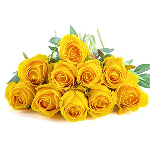 10pcs Artificial Rose Flowers Long Stem Fake Silk Roses for DIY Wedding Bouquet Table Centerpiece Home Decor (Yellow) - color: Yellow