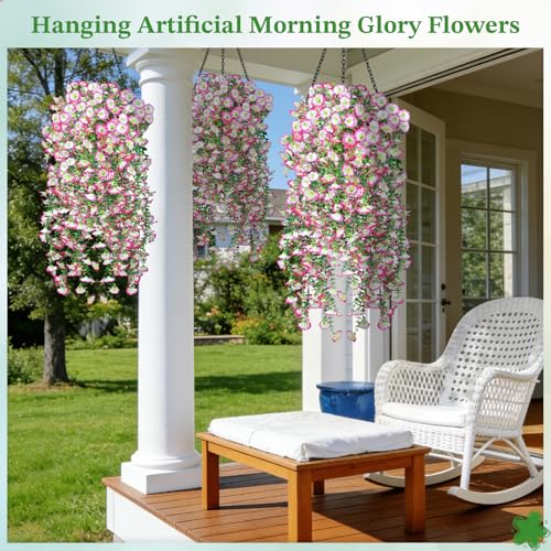 Artificial Hanging Flowers for Outdoors, 6Pcs UV Resistant Morning Glory Vines Fake Flowers with Eucalyptus, Realistic Silk Faux Hanging Plants Decor for Outside Planter Porch Patio (Pink Edge White) - color: Pink Edge White