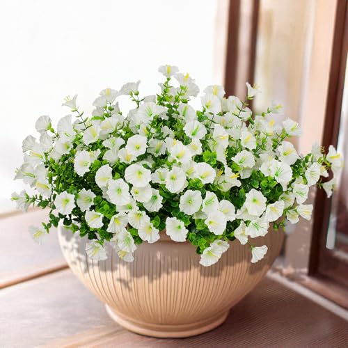 LikSoor 16 Bundles Artificial Flowers Outdoor Spring Summer Decoration Fake Silk Colorful Daisy Eucalyptus Realistic UV Outside Faux Plants for Garden Porch Window Box Home Decor Morning Glory White - color: Morning Glory White