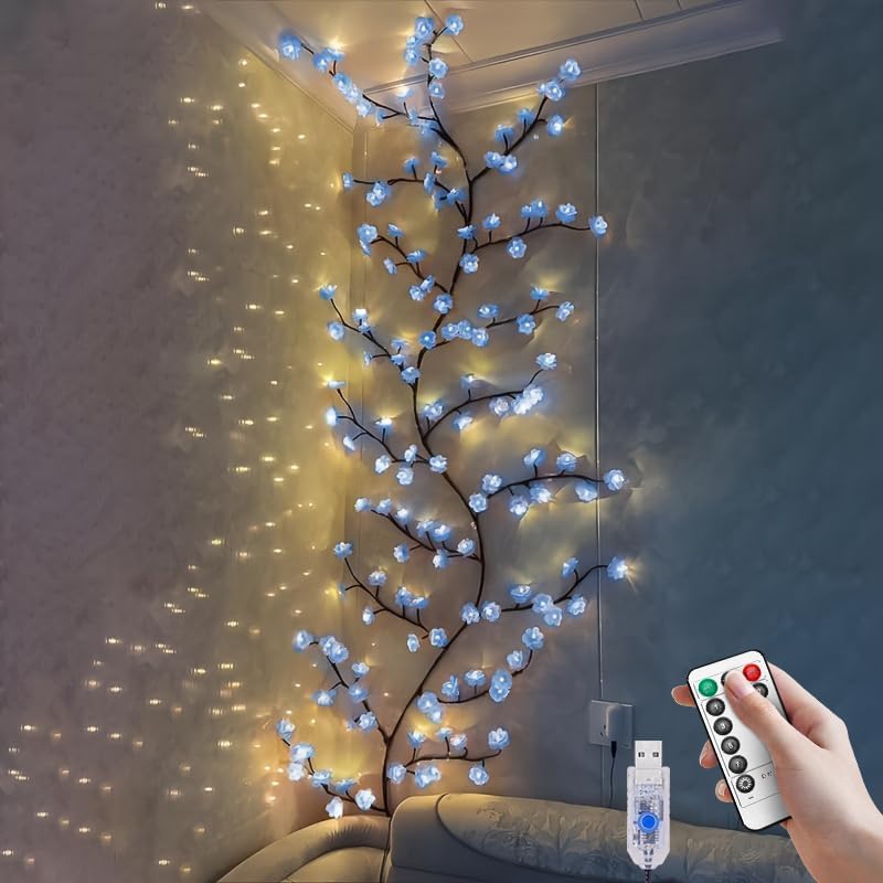 Blue Cherry Enchanted Willow Vine Lights,4FT 48 LED Cherry Blossom Lights with Remote Timer,8 Lighting Modes,LED Tree Branch Light for Wall,Cherry Blossom Wall Decor for Bedroom Living Room Windows - color: 48 LED Blue cherry blossom
