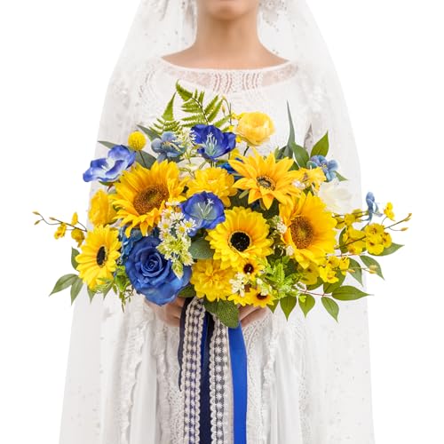 TINGE TIME 13 InchWedding Bouquets for Bride,Bridal Bouquet for Bride, Artificial Silk Sunflowers for Graduation Bouquet, Fake Flowers for Wedding Ceremony and Anniversary (Sunflower&RoyalBlue) - color: Sunflower & Royal Blue