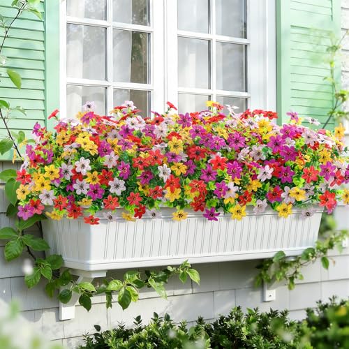 SHareconn 24 Bundles Artificial Flowers for Outdoors Decoration, Faux Plants Fake Silk Colorful Daisy Eucalyptus Lavender, UV Resistant for Outside Home Porch Patio Indoor Spring Decor, Mix 4 Colors - color: Redvioletyellowwhite