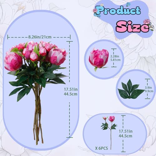 ucky 6PCS Fuchsi Peonies Artificial Flowers, Realistic 2 Heads Silk Peonies with Stems & Buds, 17.51" Faux Peony Bouquets for Wedding Centerpieces DIY Home Table Vase Decor - color: Fuchsi