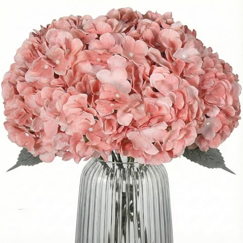 2Bouquets Artificial Fake Flowers Plants Silk Hydrangea Arrangements Wedding Bouquets Decorations Plastic Floral Home Kitchen Garden Party Festival Bar DIY(Light Coral Pink) - color: Light Coral Pink