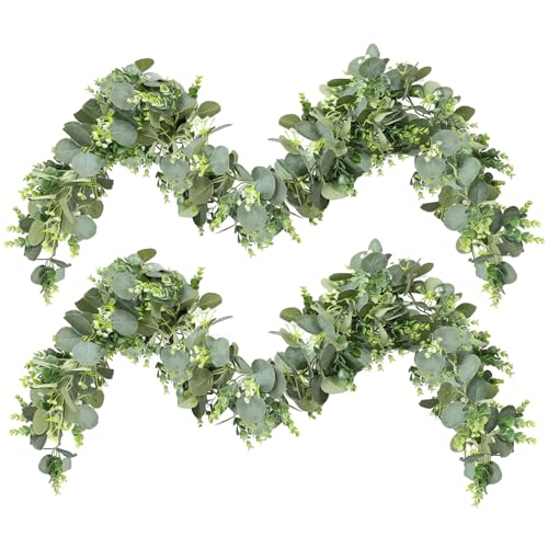 MAKHOT 2pcs Artificial Eucalyptus Garland, 5.9FT Greenery Garland Flower Spring Summer Green Garlands Vines Decoration, Fake Silver Dollar Eucalyptus Leaves Vines for Table Home Wedding Party Decor - color: Green-2pcs
