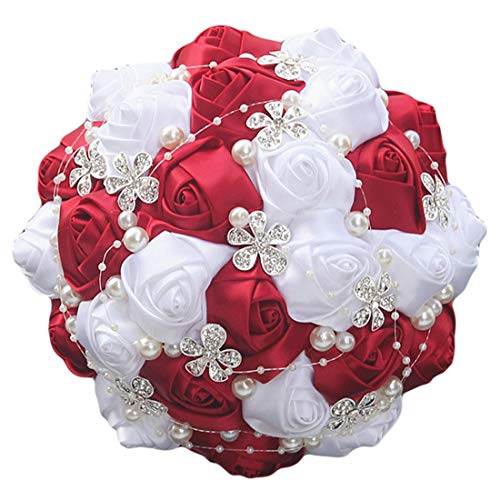 S_SSOY Wedding Bouquet Bride Bridal Brooch Bouquets Bridesmaid Bouquet Diamond Pearl Ribbon Valentine's Day Confession Party Church with Free Corsage Flower, Wine Red+White - color: Wine Red+white