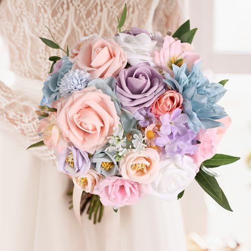 Artificial Flowers Combo Box Dusty Blue Pink Artificial Flowers for DIY Tables Centerpieces Baby Shower Bridal Shower Wedding Bouquet Party Decor - color: Pastel Pink Blue