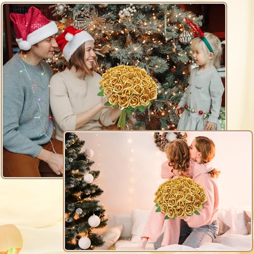 36 Pcs Gold Artificial Roses with Long Stems, Fake Silk Rose Artificial Flowers Bulk for Bridal Wedding Bouquet Centerpiece Ball Arrangement Party Decor - color: Gold
