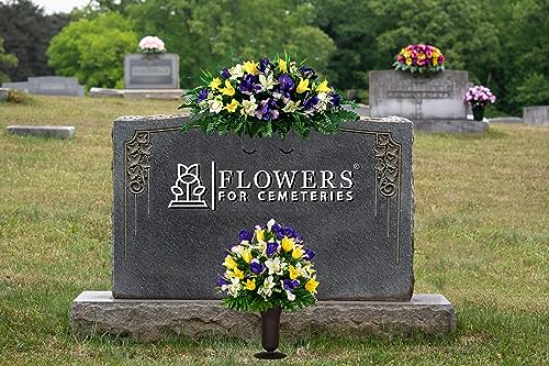 Sympathy Silks Artificial Cemetery Flowers - Grave Decoration - Yellow Tulips and Purple Iris (1) Headstone Saddle (1) Bouquet (1) Vase - color: Yellow/Purple, size: (1) Saddle (1) Bouquet (1) Vase