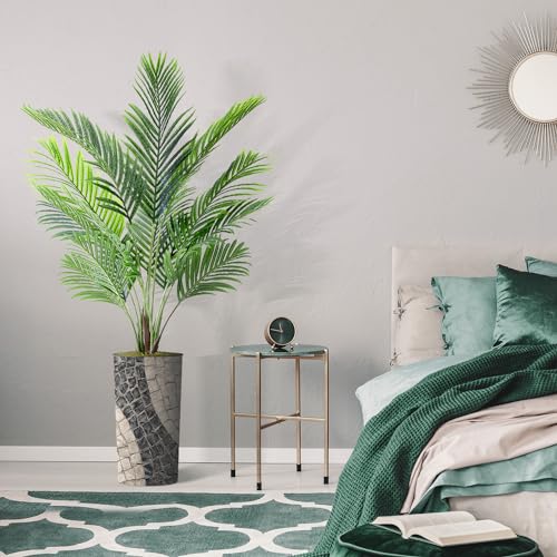 Artificial Tree in Geometric Pattern Planter, Fake Areca Tropical Palm Silk Tree for Indoor and Outdoor Home Decoration - 66" Overall Tall (Plant Pot Plus Tree) - style: Areca Palm Tree