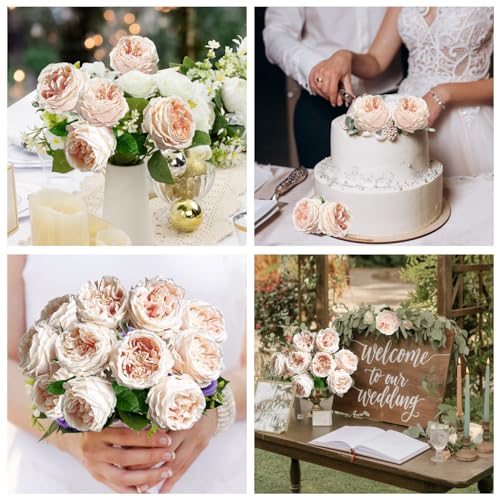 4 Pcs Real Touch Peonies Artificial Flowers, 3.5'' Big Bloom Austin Rose Peony Latex Fake Flower with Stems for Wedding Bouquet Party Valentines Arrangement Home Kitchen (Champagne) - color: Champagne