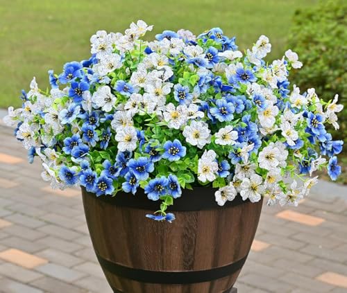 LADADA 6 Bundles Artificial Fake Flowers，Fake Blue Silk Daisy with Eucalyptus for Planter Pot UV Resistant Realistic for Outside Porch Home Patio Garden Decoration (White Blue) - color: White Blue