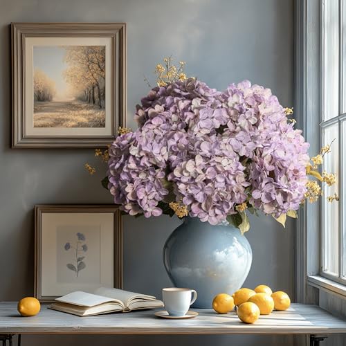 Artificial Flower Fake Silk Hydrangea Heads Bouquet With Stems Bulk for Fall Decoration Table Center Christmas Indoor Outdoor Faux Floral Realistic With Leaves Plants Crafts 8PCS(Pale Purple) - color: Pale Purple