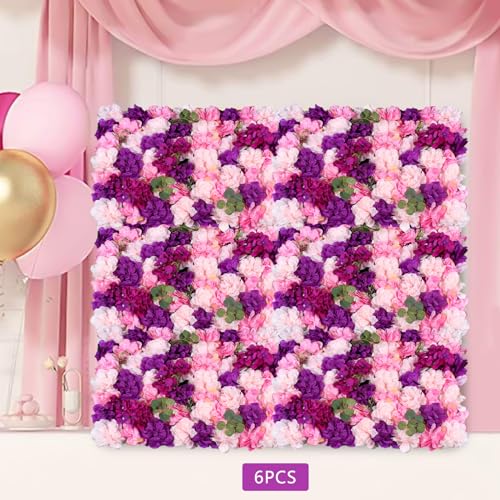 Flower Wall Panel, 6 Pcs 24 x 16 Inch Pink Purple Dahlia Artificial Flower Wall Mat Fake Flower Backdrop for Wedding Patry Bridal Shower Decoration - color: Purple Pink