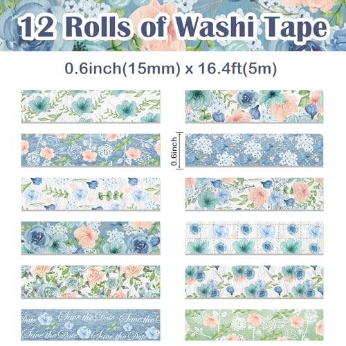 12 Rolls Floral Washi Tape, Blue Rose Flower Masking Tape, Spring Vintage Blue Pink Floral Decorative Tapes for DIY Craft Scrapbooking Journals Planners Gift Wrapping Birthday Party Decor 16.4FT - color: P
