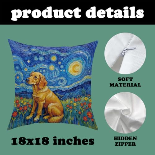 Fokongna Decorative Pillow Covers Vincent Van Gogh's The Starry Night, with a Golden Retriever in a Grassy Field Full of Blooming Flowers for Couch Home Bedroom Living Room 18 x 18 Inch Pillow Covers - color: Golden Retriever