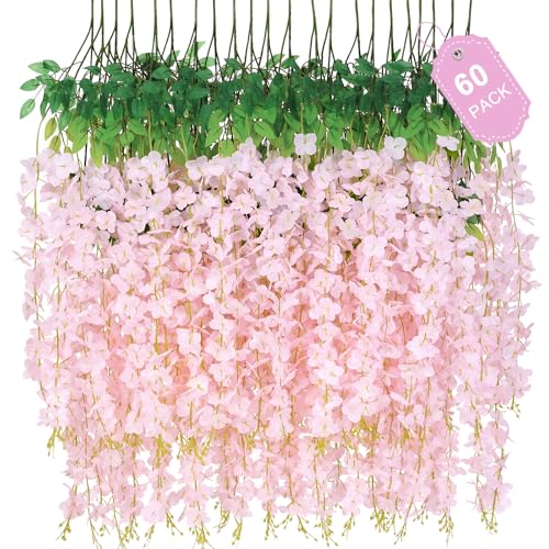 60 Pack Light Pink Wisteria Hanging Flowers, Fake Flowers for Decoration, Artificial Hanging Flowers,Vines for Bedroom,Flower Garland for Home,Party,Garden, Wall,Wedding Decoration(3.6 Ft/Pcs) - color: Light Pink, size: 60 Pcs