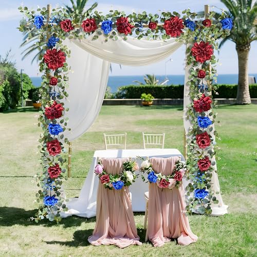 Waipfaru Flower Garland, 6.07Ft Eucalyptus Greenery Garland, Rose Floral Vines for Wedding Table Runner Centerpieces Backdrop Decor (Red Blue) - color: Red Blue-6.07ft, size: 1 Pack