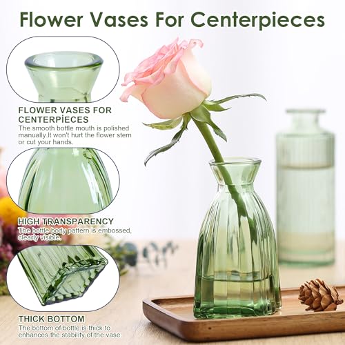 Vintage Small Glass Vases Set of 10,Mini Bud Vases for Flowers,Amber Glass Vases for Centerpieces,Wedding Decorations,Home Table Flower Decor (Hunt Green) - color: Hunt Green