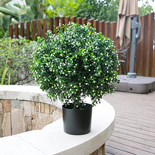 Sunnyglade 21.6” Tall Artificial Jasmine Topiary Ball Tree Set of 2 Pack Potted Bushes UV Resistant Potted Plants for Indoor Outdoor Home Garden (White) - color: White