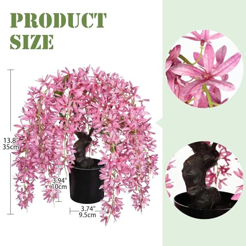 Artificial Flowers 13.8" Tall with Silk Wisteria Pink Flower Arrangement and Realistic Wood Fake Bonsai Tree Plants Faux Plants for Spring Home Bedroom Office Bathroom Coffee Table Centerpiece Decor - color: Pink-13.8