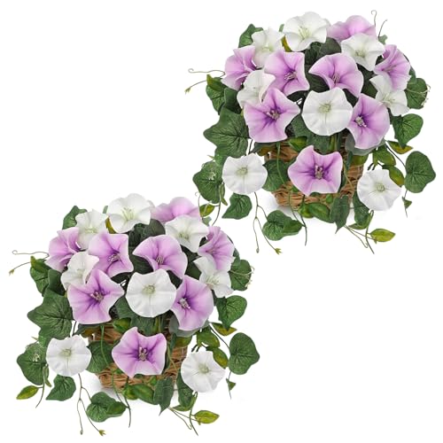 Briful 2 Pack Fake Morning Glory with Handwoven Basket - 8.2in Faux Potted Flowers Silk Floral Table Centerpiece for Home Office Room Shelf Desk Decor - color: Dusty Purple