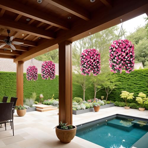 Ammyoo Artificial Flowers in Hanging Basket for Outdoors Spring Decor, Fake Mums Flowers Faux Plants with Basket for Indoors Home Porch Garden Yard Patio Decoration (Twin Pink) - color: Twin Pink