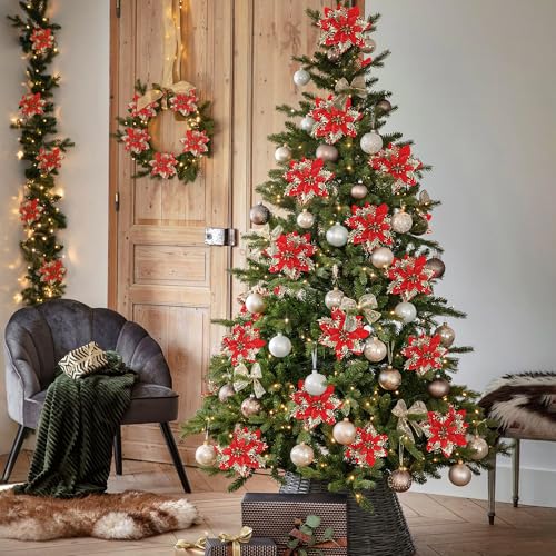 SITUMEIZI 24 Pcs Red Gold Poinsettia Artificial Christmas Flowers 5.5" Glitter Poinsettias Christmas Decorations Tree Flower with Stems & Clips for Wreath Xmas Tree New Year Party Ornament Wedding - color: Red