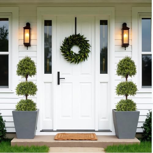 THE BLOOM TIMES 55" Tall Artificial Boxwood Triple Ball Topiary Trees, UV Resistant Large Fake Potted Plants for Outdoor Planter, Realistic Faux Bushes Shrubs for Front Porch Outside Decor Set of 2 - color: Boxwood-dgjl, size: 55 inch