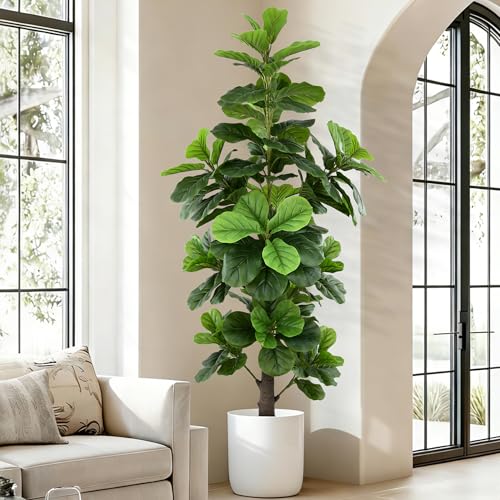 Artificial Fiddle Leaf Fig Tree 6ft, Tall Faux Ficus Lyrata Plant with Realistic Leaves and Trunk, 72" Fake Fig Trees in Black Pot for Home Office Living Room Porch Indoor Outdoor Decor