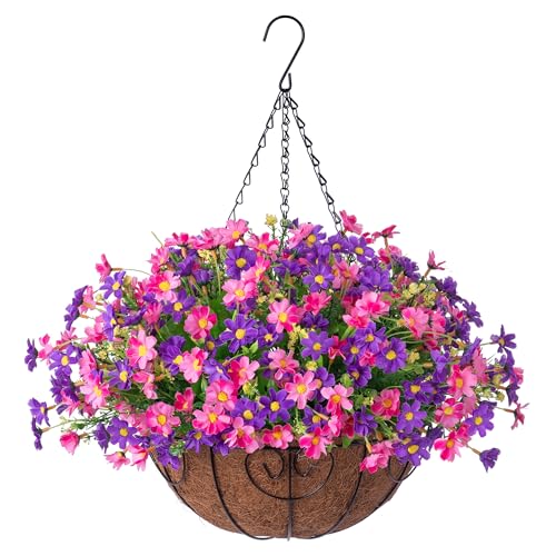 Ammyoo Artificial Hanging Flowers Basket for Patio Garden Porch Deck Spring Summer Decor, Artificial Daisy Arrangement,Fake Plants in 12 inch Coconut Lining Outdoor/Indoor(Pinkish Purple) - color: Pinkish Purple