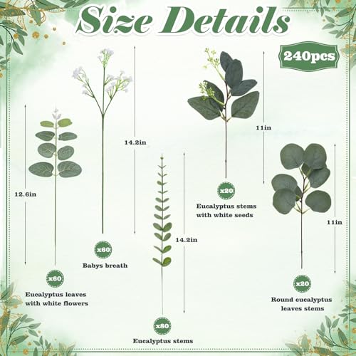 240 Pcs 5 Kinds Mixed Eucalyptus Leaves Stems Artificial Eucalyptus Leaves Bulk Silver Dollar Faux Greenery Picks for Wedding Vase Bouquet Centerpieces Decor - size: 240 Pcs