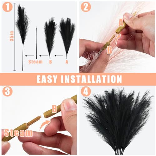 obbsie 35" Faux Pampas Grass Decor, 8pcs Large Tall Fluffy Artificial Pompous Grass Branches Floral Fake Pompas Grass Bulrush Floor Vase Filler Flower Arrangement for Home Wedding Boho Decor Black - color: Black, size: 8 PCS