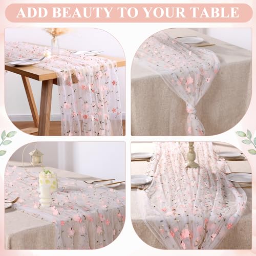 4 Pack Embroidery Floral Table Runner Rustic Spring Summer Wildflower Tulle Table Runner Vintage Flower Kitchen Dining Tabletop Runners Decoration for Home Wedding Party, 108x24.5 Inch (Pink Flowers) - color: Pink Flowers-4, size: 108*24.5 inch