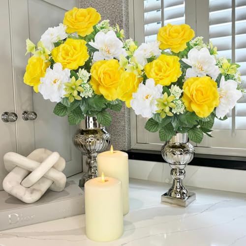 Spring Cemetery Flowers for Grave 2 Bundles Yellow White Rose Lily Bouquets 18.5" Fake Silk Flower Arrangements for Outdoors Summer Home Kitchen Wedding Table Centerpieces Decor - color: Yellow White-2pcs