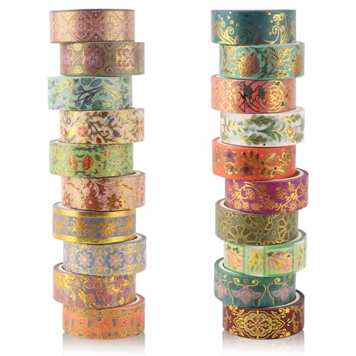 Washi Tape Set 20 Rolls Gold Foil Floral Decorative Tape Vintage Aesthetic Masking Tape for Arts Scrapbooking, Bullet Journaling, DIY Crafts, Planners, Gift Wrapping - style: Gold Foil Floral