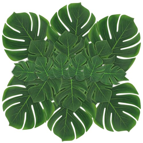 ARTKAIKE Artificial Palm Monstera Green Leaves for Birthday Party Table Decor, Realistic Tropical Fake Plants for Dinosaur/Jungle, Luau & Safari Theme Events (18, Monstera)